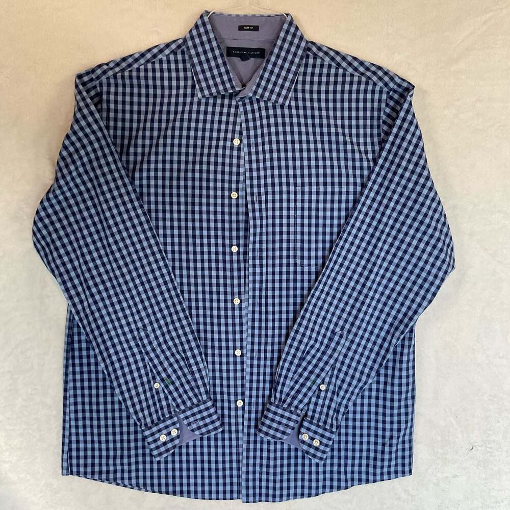 Tommy Hilfiger Men's Blue Gingham Slim Fit Long Sleeve Dress Shirt 16-16.5 34-35